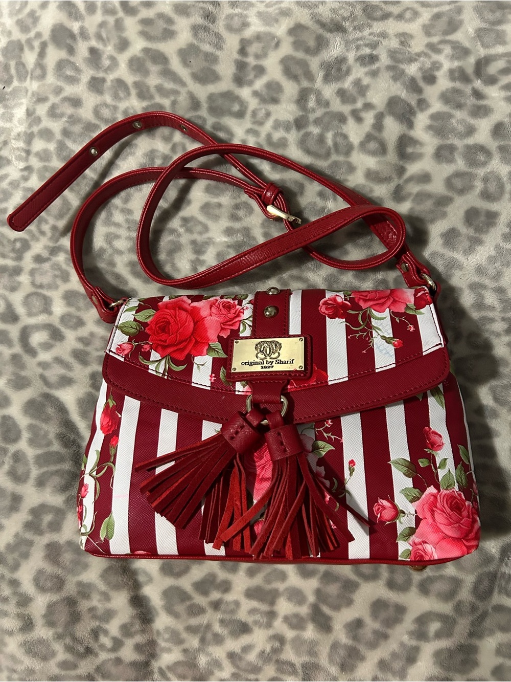 Sharif Red and White Striped Floral Crossbody with Tassels